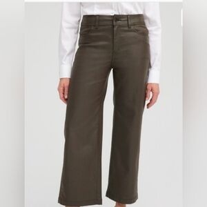 Chicos Coated Denim Wide Cropped Leg Pants Olive-Brown
